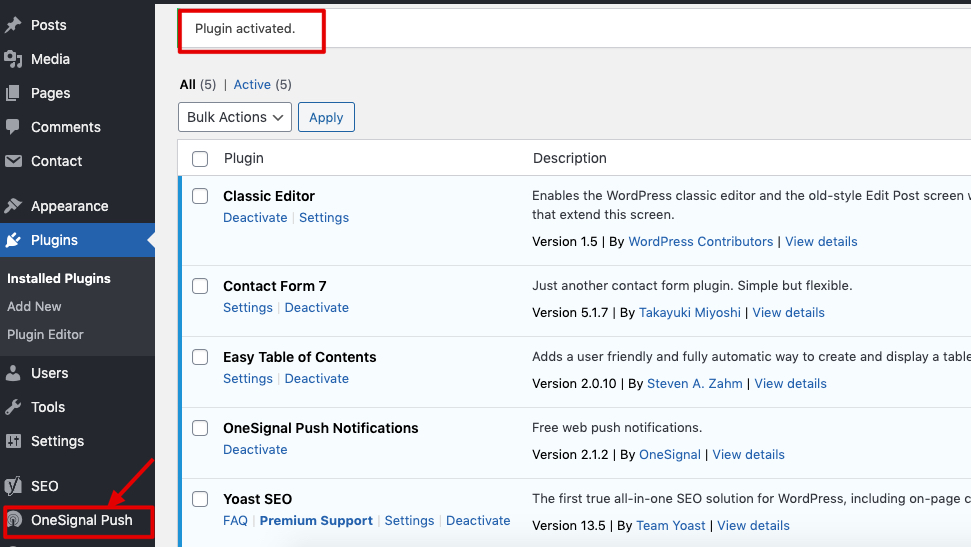 install and activate Onesignal plugin